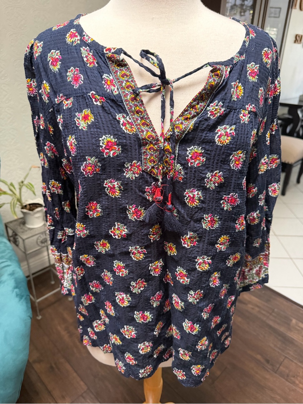 LOFT Navy Floral Tie-Front Peasant Tunic